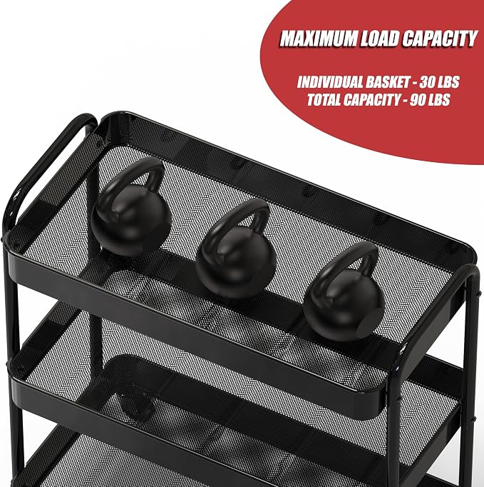 Simple Houseware 26" Extra-Wide 3-Tier Heavy Duty Metal Utility Cart, Black | High-Capacity Rolling Cart Organizer for Spa, Salon, Office, and Home Storage