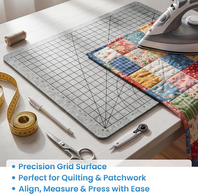 MABOZOO Wool Pressing Mat with Printed Grid, 24 * 18 Inch Double-Sided Wool Ironing Mat with Straps, Portable Ironing Pad for Quilter, Sewing, Scrapbooking