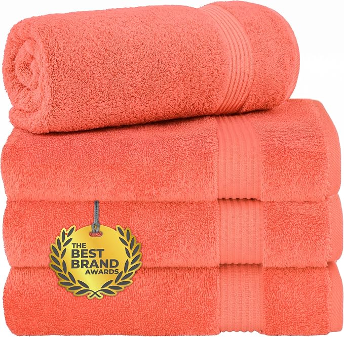 Cotton Paradise 100% Cotton Turkish Towel Set, Soft Absorbent Quick Dry, 4 Piece Bath Towel Set, Coral