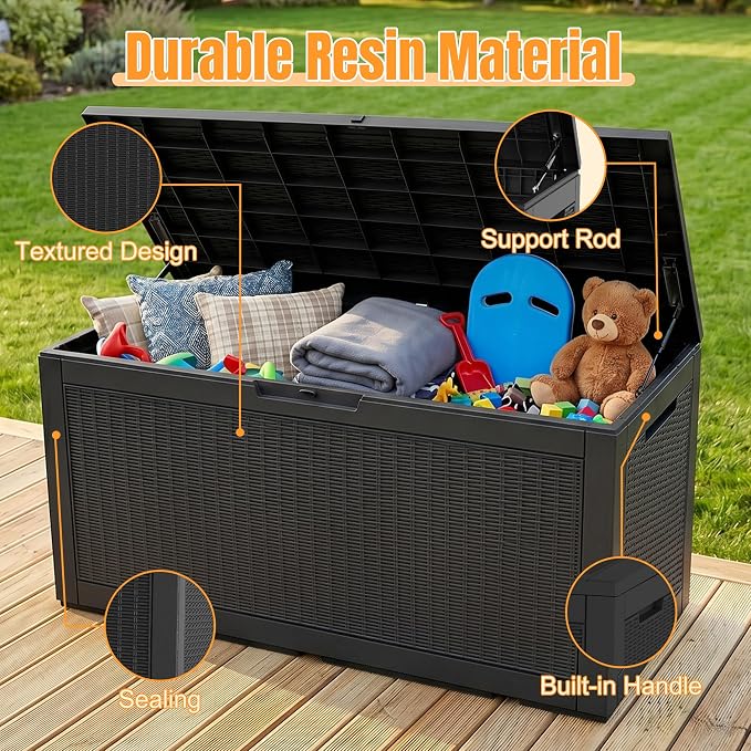 Outdoor Storage Box, 170 Gallon Waterproof Resin Deck Box with Support Rod | UV Resistant Lockable Package Delivery Bin, Shoe, Patio & Garden Tools Storage, Toy Cabinet, Ottoman, Indoor/Outdoor