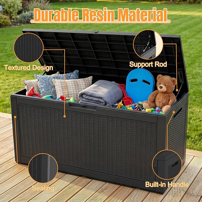 Outdoor Storage Box, 160 Gallon Waterproof Resin Deck Box with Support Rod | UV Resistant Lockable Package Delivery Bin, Shoe, Patio & Garden Tools Storage, Toy Cabinet, Ottoman, Indoor/Outdoor