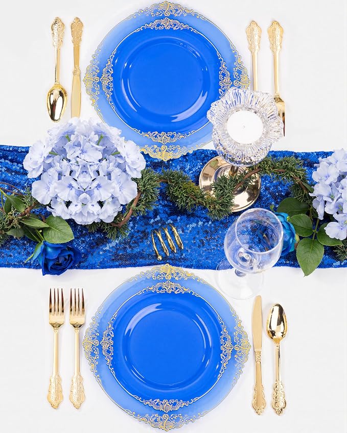 Nervure 350PCS Blue Plastic Plates - Blue Plastic Dinnerware Sets for 50 Guests - 100 Disposable Plates, 150 Gold Silverware, 50 Cups, 50 Napkins for Wedding & Party