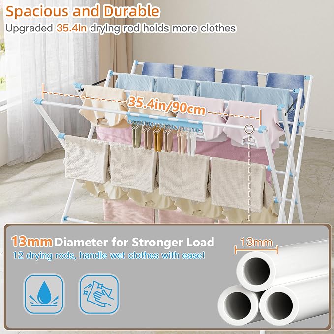 Drying Rack Clothing,35.43in Long Drying Poles Large Clothes Drying Rack | Foldable Portable Laundry Drying Rack with Sock Clips for Air Drying Clothing,Towels,Delicate Eac,Indoor Outdoor Use.Blue