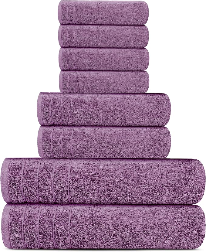 Tens Towels 8 Piece Towel Set, 2 XL Bath, 2 Hand, 4 Washcloth, Purple | 100% Cotton, Lighter Weight, Quicker to Dry, Super Absorbent, Perfect for Bathroom