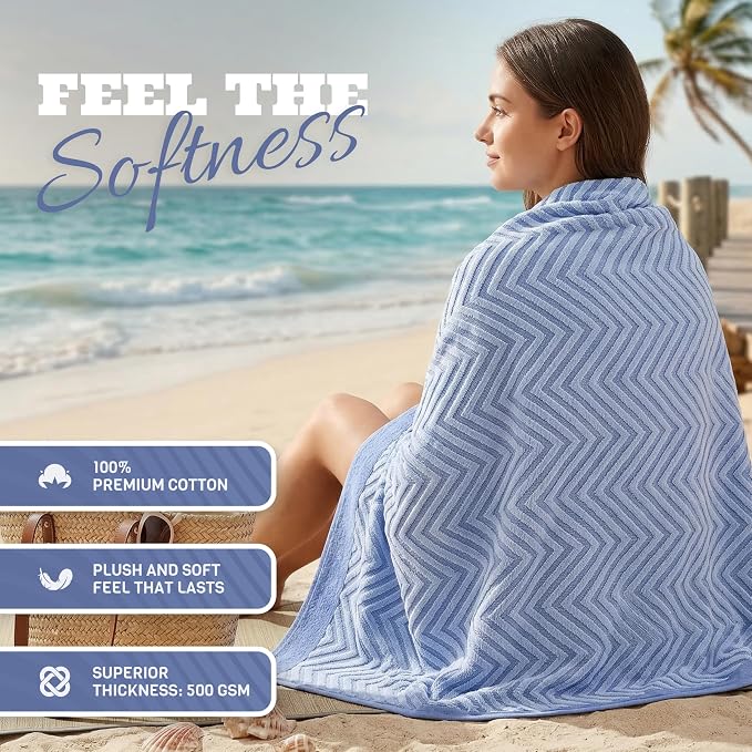 White Classic Cotton Beach Towels Oversized 35 x 70 Inches, Ultra Absorbent and Low Lint Luxury Pool Towels, Chevron Design, Light Blue, 2 Pack