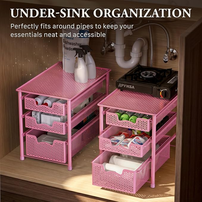 Simple Houseware Stackable 3 Tier Sliding Basket Organizer Drawer, Pink