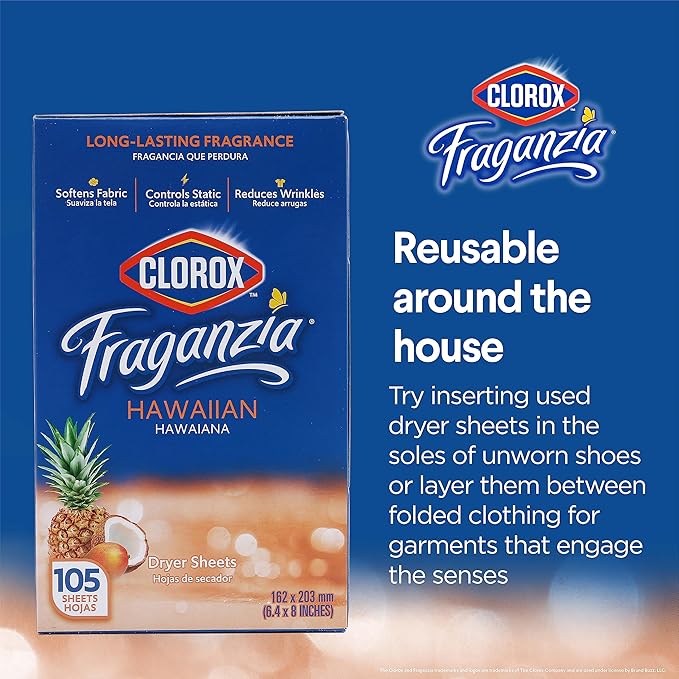 Clorox Fraganzia Fabric Softener Dryer Sheets, Wrinkle Reducing Anti Static, Great Smelling Clothes Softens Fabrics, Hawaiian Escape Scent, 105 Count