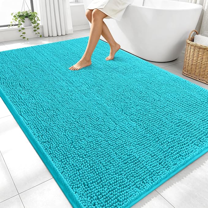 OLANLY Large Bathroom Rugs 70x46, Extra Soft Absorbent Chenille Bath Rugs, Rubber Backing Quick Dry, Machine Washable Bath Mats for Bathroom Floor, Tub and Shower, Home Decor Accessories, Aqua Sky