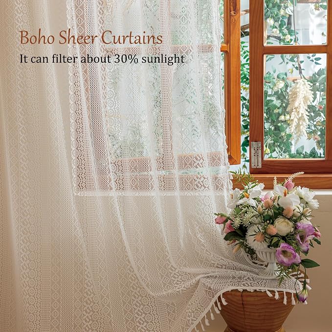 Sutuo Home White Boho Lace Curtains 96 inches Long for Living Room Dining Room, Vintage Tassels Semi Sheer Curtains Farmhouse Privacy Cream Rustic Victorian Style Rod Pocket Decor, 2 Panels 50" W