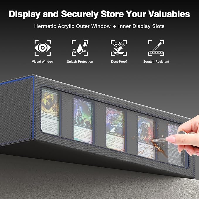Kabinka MTG Card Storage Box with Handle & Mechanical Latch,5-Row 3900+ Commander Trading Card Case with Sealed Display Window,Top Loaders Organizer Deck Box for MTG/TCG/PTCG/Sports Cards (Black Blue)