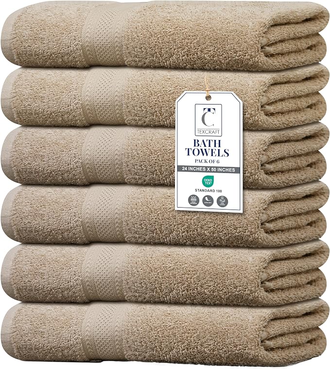 Large Bath Towels Set of 6 – 100% Cotton Terry – 24" x 50" – Quick Dry, Soft & Highly Absorbent – Beige Towels for Bathroom, Gym, Spa, Pool & Daily Use