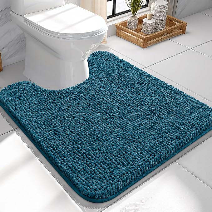OLANLY Toilet Rugs U-Shaped 24x24, Extra Soft Absorbent Chenille Contour Bathroom Rugs for Toilet, Dry Quickly, Machine Washable, Non-Slip Bath Mat, Peacock Blue