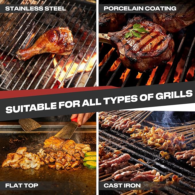 Grill Brush Bristle Free with Collapsible Bucket, BBQ Grill Cleaning Brush for Outdoor with Replaceable Head and Scraper, Safe Non-Metallic Bristles for Cast Iron or Stainless-Steel Grill Tools