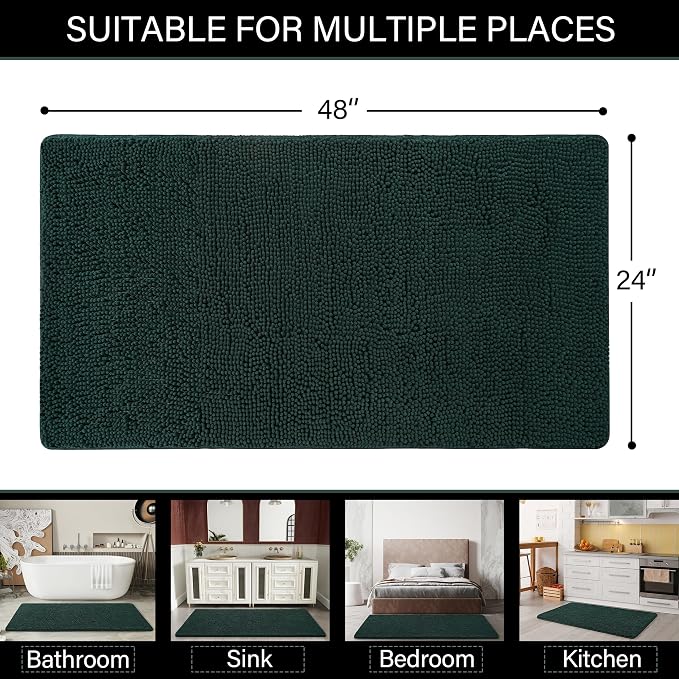 LOCHAS Luxury Bathroom Rug Shaggy Bath Mat 24 x 48 Inch, Hunter Green | Washable Non Slip Bath Rugs for Bathroom Shower, Soft Plush Chenille Absorbent Carpets