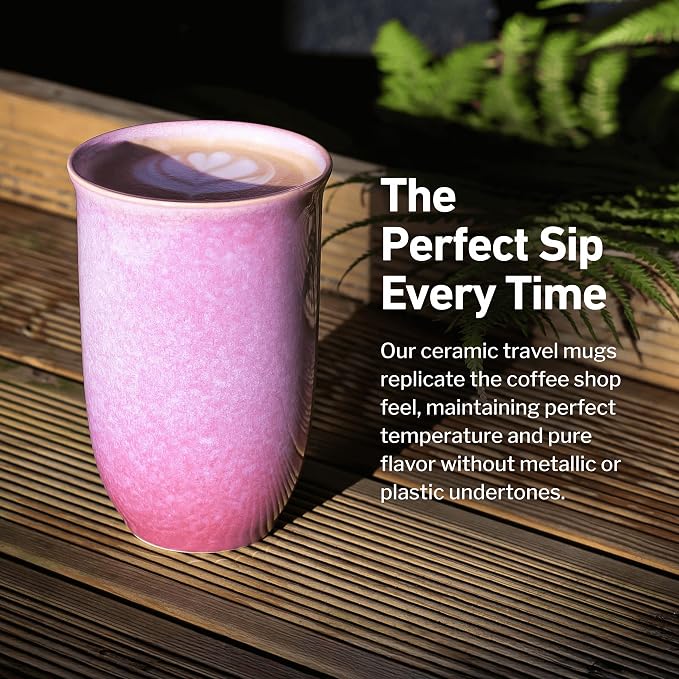 NOVA CERAMICS Coffee Travel Mug – Cup Holder Friendly Travel Mug– Microwave & Dishwasher Safe White & Purple Tumbler - Coffee Mug Fits In Cup Holder – 12oz – Astral Bloom