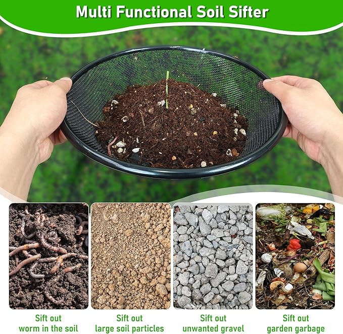 11.8" W Soil Sifter for Gardening, 2mm Grid Rock Sifter for 5 Gallon Bucket, Stainless Steel Fine Dirt Sifter, Compost Sifter for Capturing Dirt, Sand, Rocks, and Filtering Compost (Black)