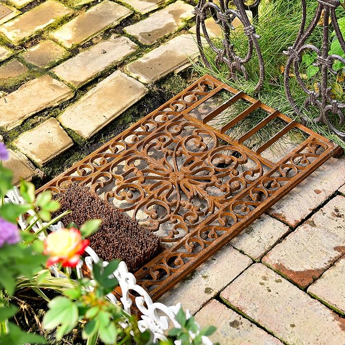 Sungmor Outdoor Cast Iron Doormat, Vintage Boot Scraper with Brushes, Rust Rectangle Shoe Scraper Mat, 22.8" Heavy Duty Decorative Shoe Cleaning Mat for Front Door, Entrance, Garden