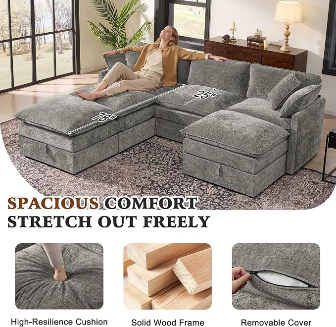 Ihanherry Oversized Sectional Sofa Bed with Storage, 103" 6-Seater Modular Cloud Couch with Movable Ottomans, Chenille Deep Seat Sleeper Couches for Living Room (Grey)