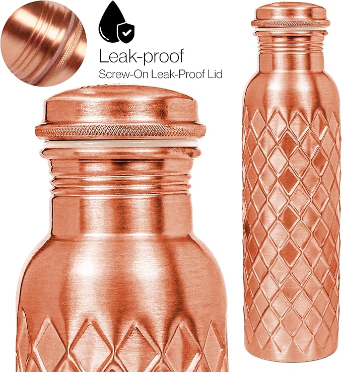 Copper Water Bottle 32 Oz Extra Large, Pure Copper Bottle for Drinking Water, Diamond Ayurvedic Drinking Bottle, Leak Proof Vessel, Cleaning Brush, Daily Hydration for Home Travel