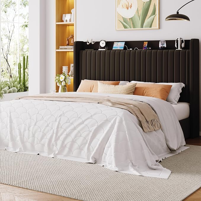 Allewie King Lift Up Storage Hydraulic Bed Frame,Charging Station,Black | Storage Shelf Headboard with Charging Station,Type-C,USB Ports,Hydraulic Support,Velvet Upholstered,No Box Spring Needed