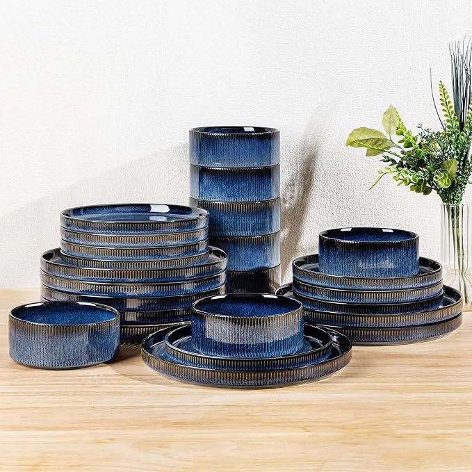 TheTerra Ceramic Dinnerware Sets for 8, 24 Pieces Porcelain Lightweight Plates and Bowls Sets, Scratch Resistant Dish Set, Oven & Microwave & Dishwasher Safe, Starry Blue