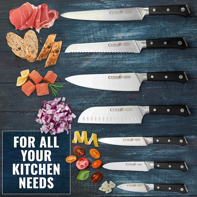 Cutluxe Chef Knife Set, 7-Piece Kitchen Knives – Razor Sharp German Steel | Professional Full Tang Blades with Ergonomic Handles – Artisan Series, Forged High Carbon