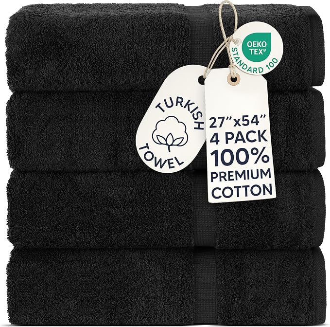 Chakir Turkish Linens 4 Piece Bath Towel Set, 100% Cotton Luxury Turkish Towels for Bathroom, Soft Absorbent Bath Towels, 27 x 54 Inches, Black