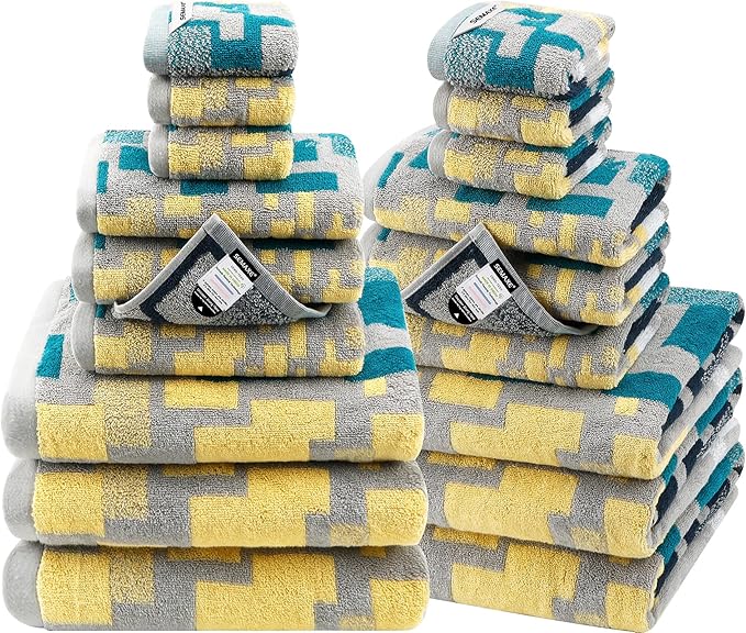 SEMAXE Bath Towel Set, 18 Piece Towel Set for Bathroom, Large Value Pack, Quick Dry Cotton Towels with Hanging Loops, Easy Care, Geometric Pattern