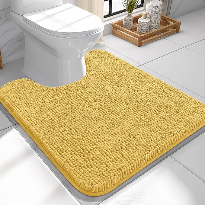 OLANLY Toilet Rugs U-Shaped 24x24, Extra Soft Absorbent Chenille Contour Bathroom Rugs for Toilet, Dry Quickly, Machine Washable, Non-Slip Bath Mat, Yellow