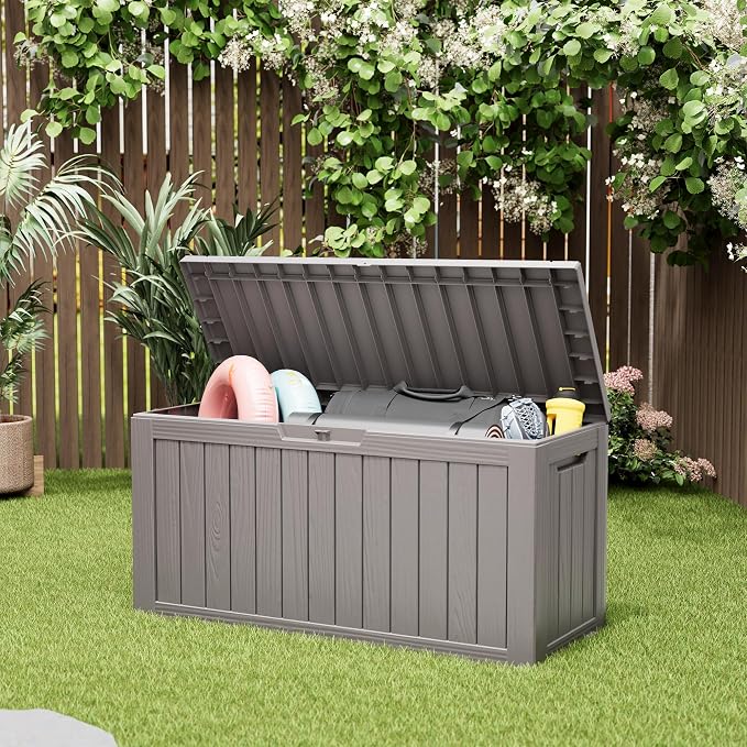 Deck Box, 82 Gallon Resin Indoor and Outdoor Storage Box Waterproof for Garden Tools, Pool Accessories Storage Bench, Patio Furniture and Cushions with Lockable Lid, Grey