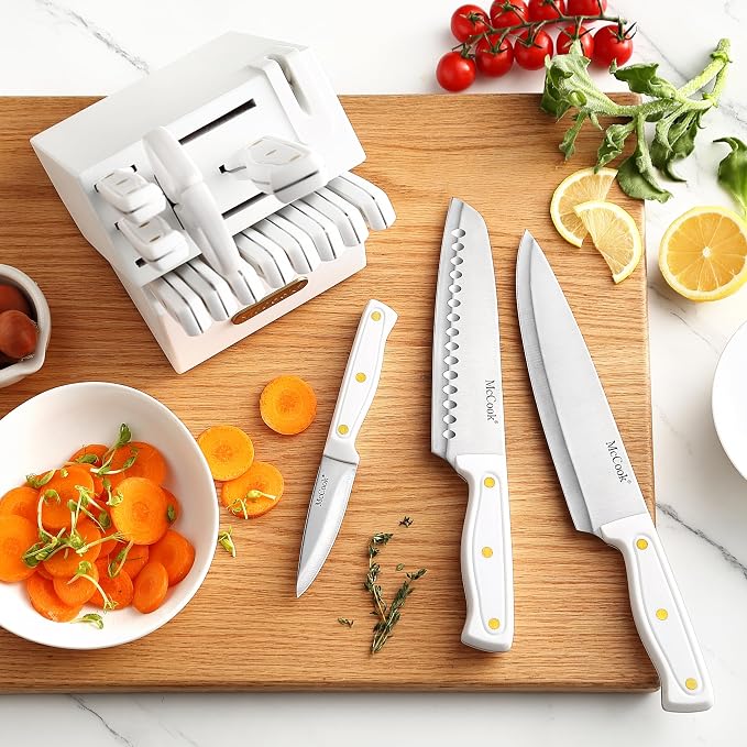 McCook Knife Set White Kitchen Knife Block Set w Built-in Sharpener | German Forged Stainless Steel,26 PC,Razor Sharp,Anti-Rust,Restaurant Grade,Ergonomic Handles,Full Tang,Gift Box