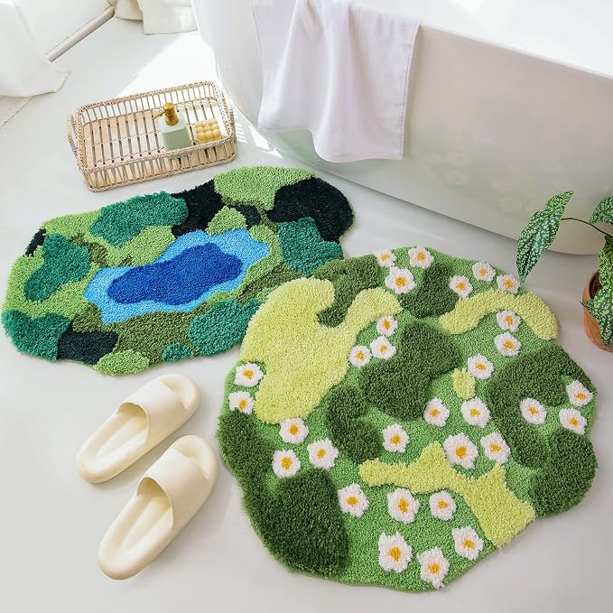 YIKUSH Moss Bath Mat Green Bathroom Rug with Small White Flowers Non Slip Door Mat for Bedroom and Kitchen Soft Washable Rug Floral Nature Bathtub Mat