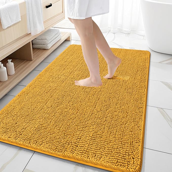 OLANLY Large Bathroom Rugs 59x35, Soft Absorbent Chenille Bath Rugs, Rubber Backing Quick Dry, Machine Washable Bath Mats for Bathroom Floor, Tub and Shower, Home Decor Accessories, Golden Yellow