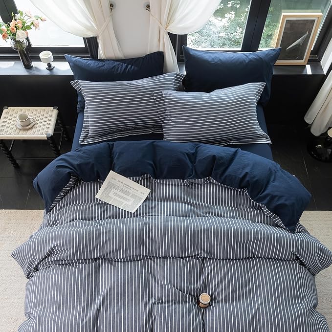 Reversible Duvet Cover Set 100% Washed Cotton Blue Stripe Linen Feel Duvet Cover Super Queen Size with Zipper Closure & 2 Pillow Shams,Navy/White Stripe Reverse Solid Navy