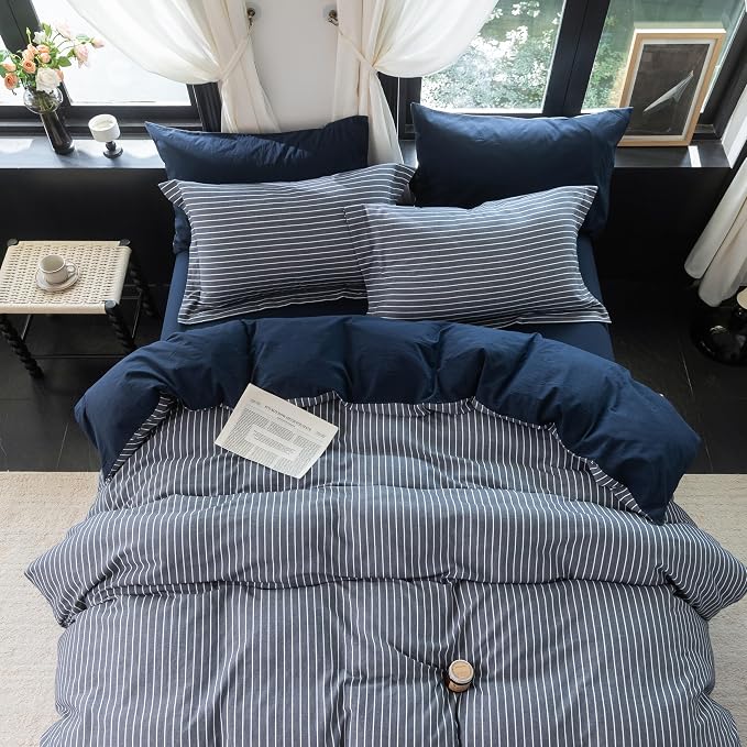 Reversible Duvet Cover Set 100% Washed Cotton Blue Stripe Linen Feel Duvet Cover Full Size with Zipper Closure & 2 Pillow Shams,Navy/White Stripe Reverse Solid Navy