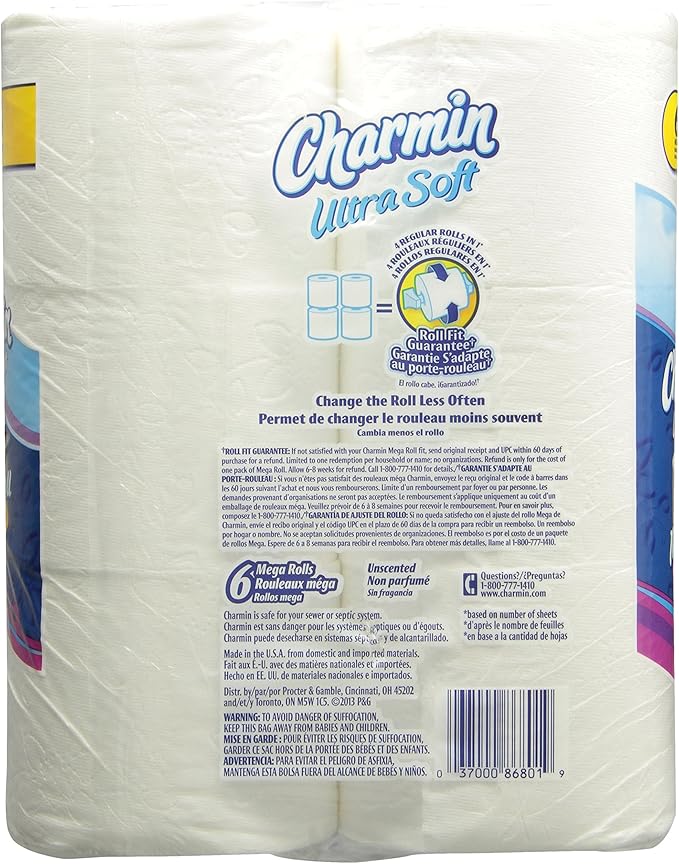 Charmin Ultra Soft Toilet Paper 6 Mega Rolls = 24 Regular Rolls