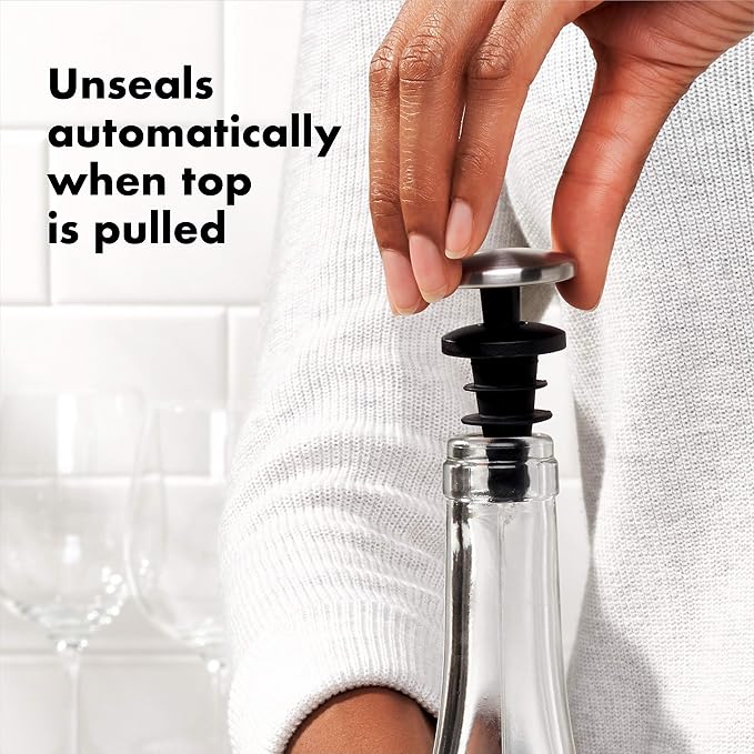 OXO SteeL Vertical Lever Corkscrew with Removable Foil Cutter,Black/Silver,2.1 & SteeL Expanding Leakproof Wine Stopper, (2 Pack)
