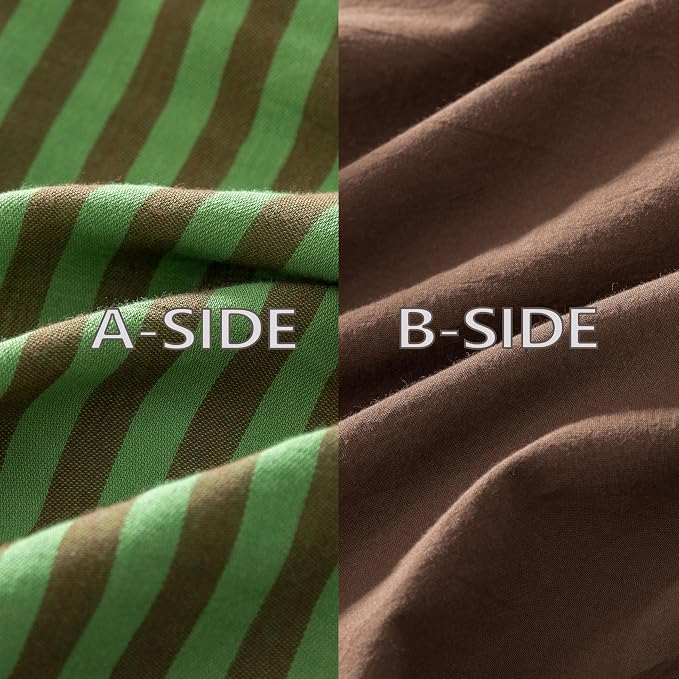 Reversible Duvet Cover Set 100% Washed Cotton Green Stripe Linen Feel Duvet Cover King Size with Zipper Closure & 2 Pillow Shams, Green/Brown Stripe Reverse Solid Brown