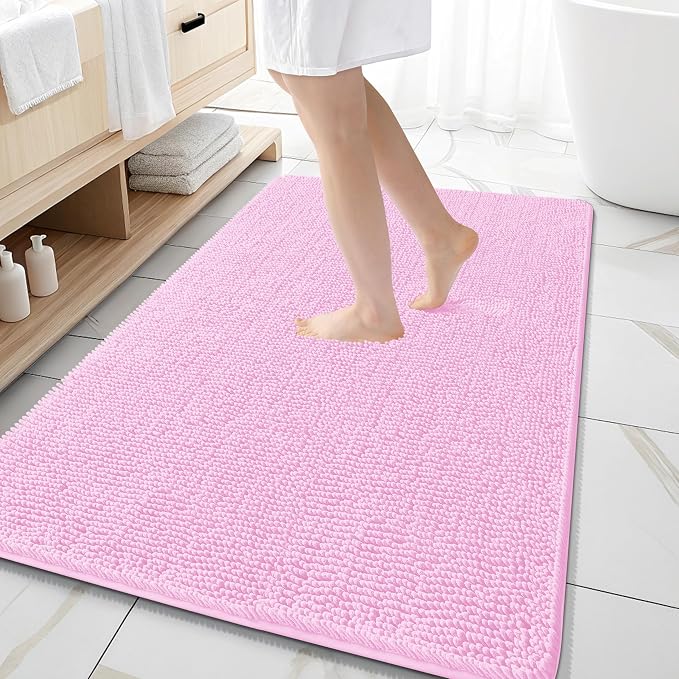 OLANLY Large Bathroom Rugs 59x35, Extra Soft Absorbent Chenille Bath Rugs, Rubber Backing Quick Dry, Machine Washable Bath Mats for Bathroom Floor, Tub and Shower, Home Decor Accessories, Pink