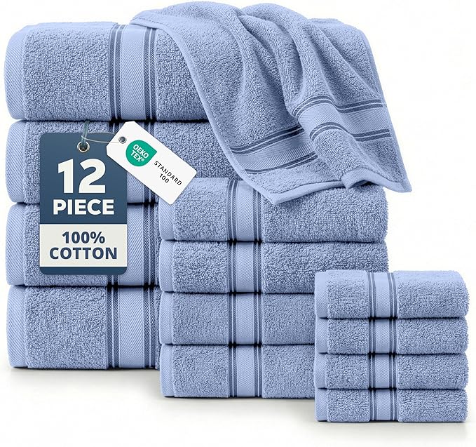 LANE LINEN Premium Bath Towel Set of 12 – 100% Cotton Towels for Bathroom, 4 Bath, 4 Hand Towels & 4 Washcloths, Zero Twist, Ultra Soft, Quick-Dry, Ideal for Spa, Hotel & Everyday Use – Cerulean Blue