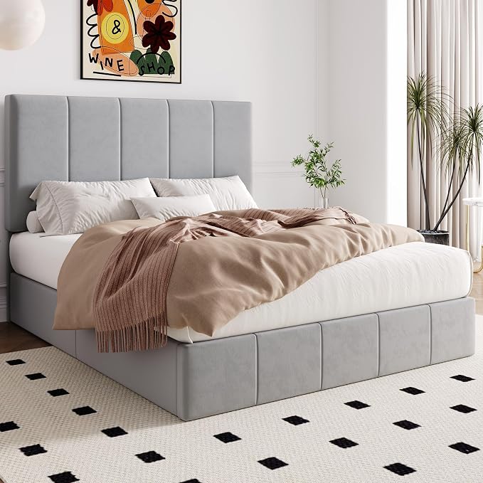 Allewie Full Size Velvet Lift Up Hydrualic Storage Bed Frame, Grey | Vertical Channel Tufted Headboard, Hydrualic Underneath Storage, Upholstered Platform Bed, No Box Spring Needed