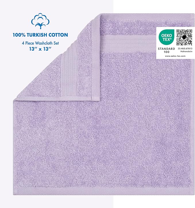 Cotton Paradise 100% Cotton Turkish Towel Set, Soft Absorbent Quick Dry, 4 Piece Washcloth Set, Lilac