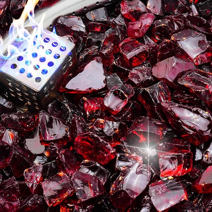 NUPICK 5 Pound Fire Glass, 1/2 Inch Reflective Fire Pit Glass | Tempered Fire Pit Rocks for Propane or Natural Gas, Glass Rocks for Fire Pit Table, Fireplace, Fire Bowl, Landscaping, Red