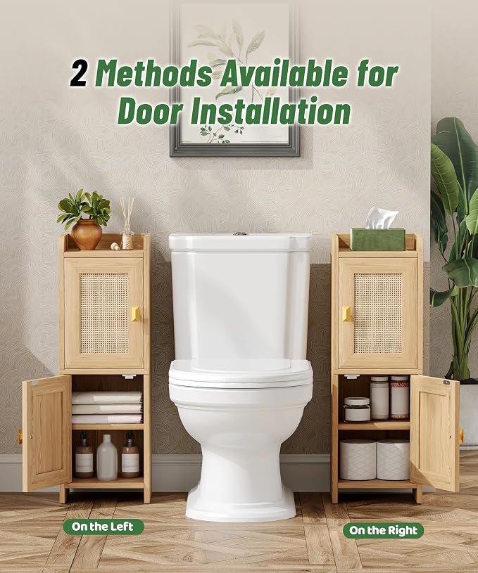 Akxomel Rattan Small Bathroom Cabinet Narrow Toilet Paper Organizer Oak | 7.9''D x 9.8''W Bathroom Organizer and Storage Cabinet for Small Space, Slim Corner Unit with Adjustable Shelf