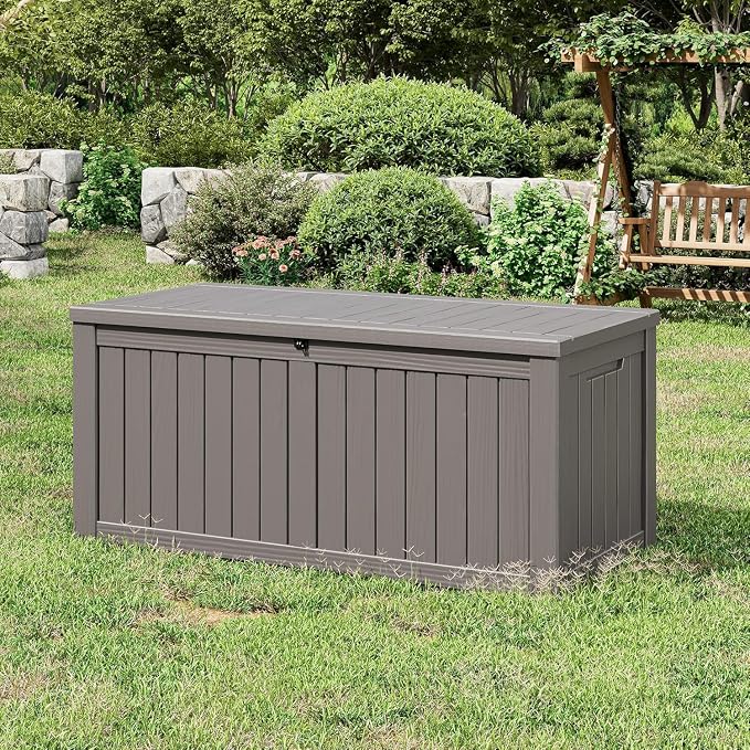 151 Gal Deck Box, Outdoor Storage Box Waterproof Lockable, Gas Lift,Grey | Large sturdy grey resin deck box, double wall panels, waterproof backyard storage for package delivery, garden hoses tools