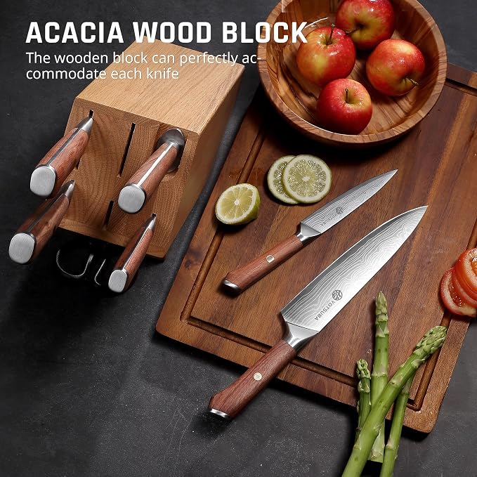 YOTSUBA 8PCS Japanese Style Natural Rosewood Knife Set with Block | High Carbon Stainless Steel, Ultra Sharp, Full Tang Construction, Poke-Proof Construction, Ergonomic Kitchen Knives