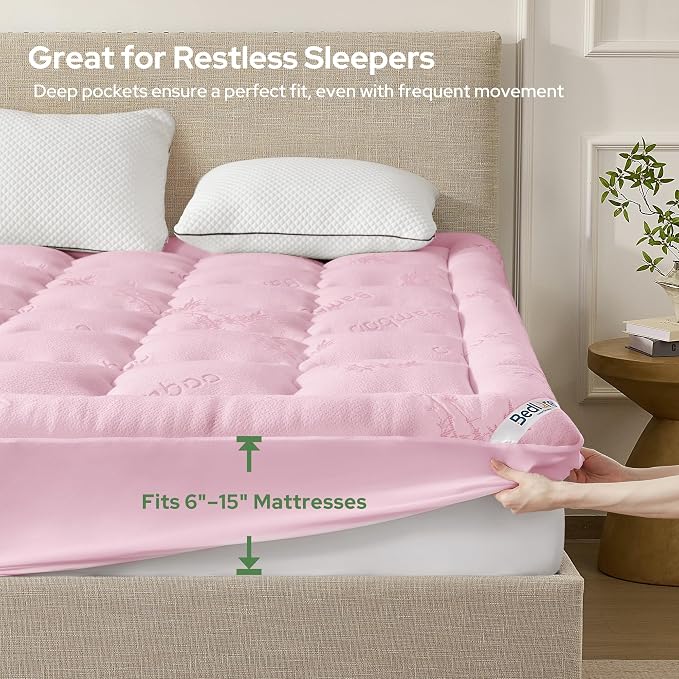 BEDLORE Full Size Mattress Topper Viscose Derived from Bamboo, Thick Pillow Top Mattress Pad with Stretchable Pockets for 6"-15" Mattress, Breathable Mattress Topper for Back Pain Relief(Pink)