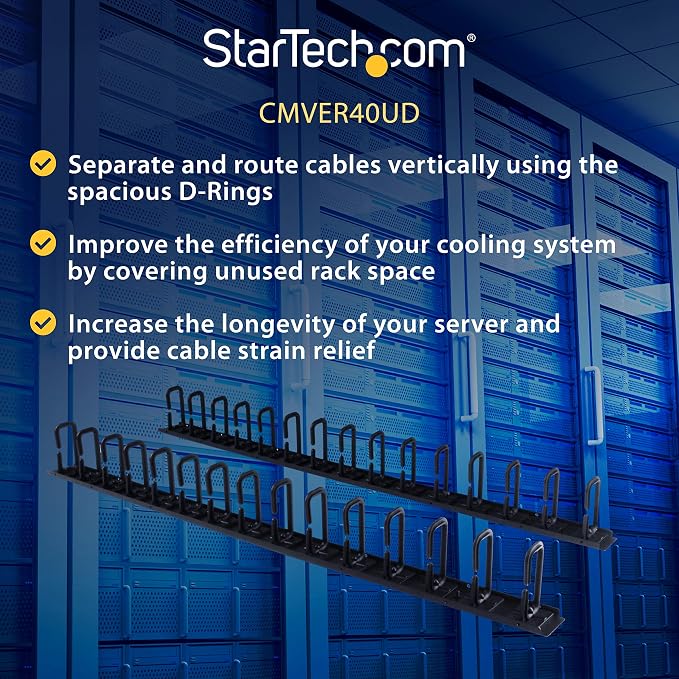 StarTech 40U Vertical Server Rack Cable Manager, 2-Pack 3ft (CMVER40UD) | 2-pack 20U network rack cord manager panels, D-ring hooks, 30 integrated D-rings, 2x 3ft (91cm) wire organizers, 19in rack