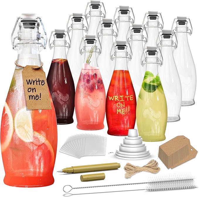 Nevlers 17 Oz Teardrop Flip Top Glass Bottle with Stopper 12 Pack | Swing Top Glass Bottles with Airtight Lid, Funnel, Brush, Tags, Marker & Shrink Wrap | Soda Bottles | Air Tight Bottle For Liquids
