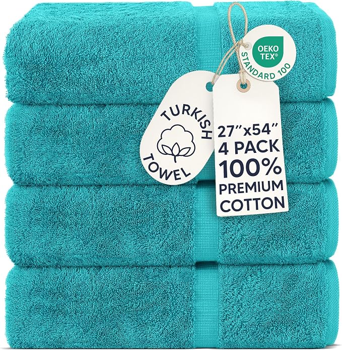 Chakir Turkish Linens | Hotel & Spa Quality 100% Cotton Premium Turkish Towels | Soft & Absorbent (4-Piece Bath Towels, Aqua)